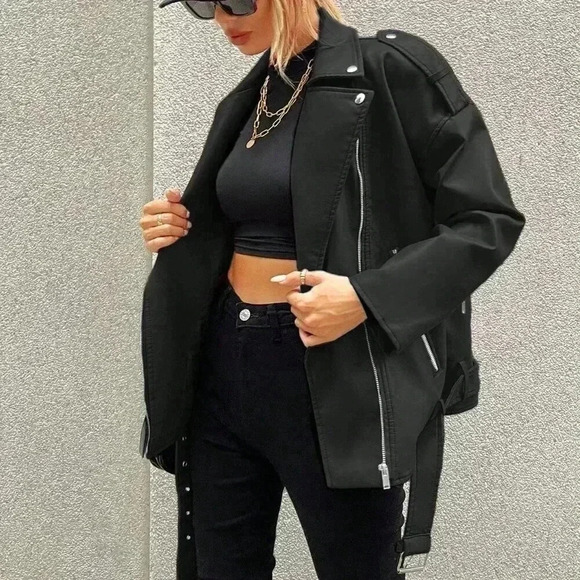 Black Casual Women's Zip Up Flap Detail Belted Moto Jacket - Picture 5 of 6